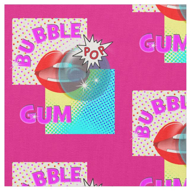 Funky Retro Pop Art Bubble Gum Lips Fabric (Close Up)
