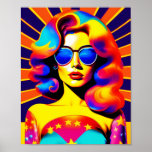 Funky Retro Pop Art Fashion Poster<br><div class="desc">Get transported back to the days of peace, love, and flower power with this stunning pop art creation. A captivating psychedelic girl, donning a pair of trendy sunglasses, shines against a backdrop of the iconic stars and stripes. With its bold colours, retro groovy vibe, and modern pop art design, this...</div>