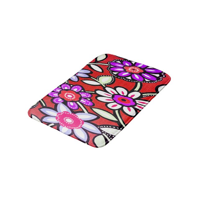 Funky Retro Red Flowers Bath Mat (Angled)