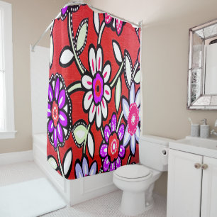 Funky Retro Red Flowers Shower Curtain