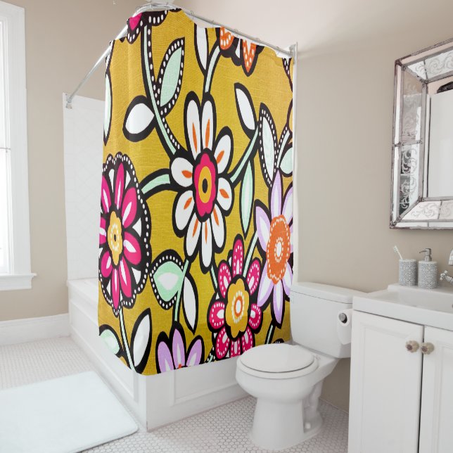 Funky Retro Saffron Flowers Shower Curtain (In Situ)