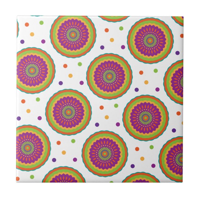 Funky Retro Style Flower and Spot Pattern Tile (Front)