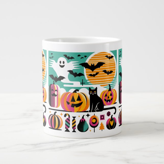 Funky Retro Wave Halloween Pumpkin Black Cat Ghost Large Coffee Mug (Front)