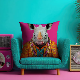Funky Rhino Portrait Hot Pink Cushion
