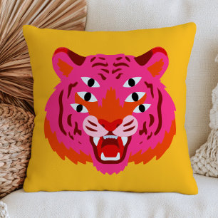Funky Roaring Tiger Head in Pink Maximalist Yellow Cushion