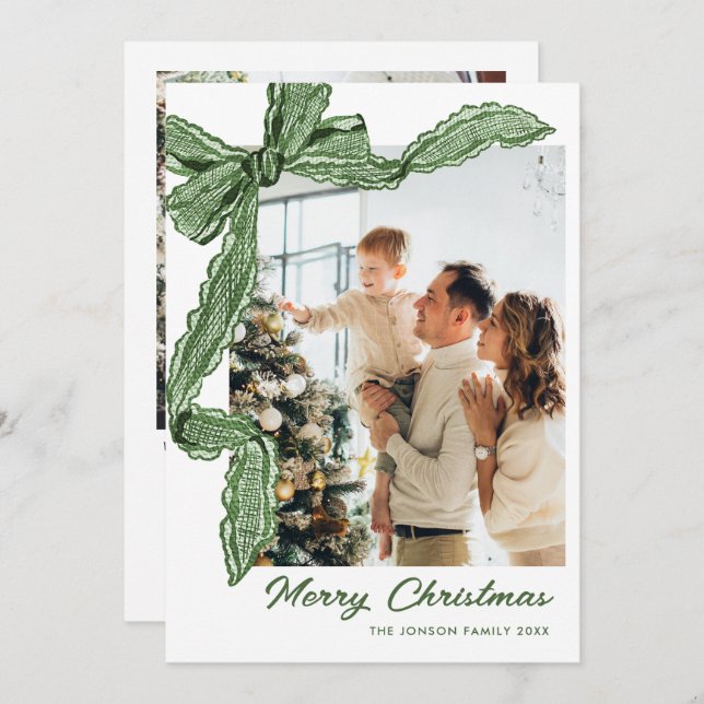Funky Sage Green Christmas Bow Ribbon 2 Photo Holiday Card (Front/Back)