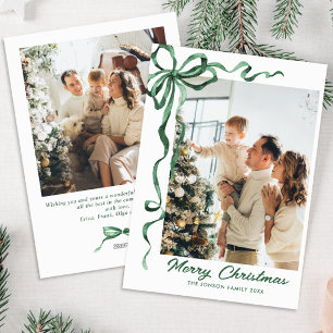 Funky Sage Green Christmas Bow Ribbon 2 Photo Holiday Card