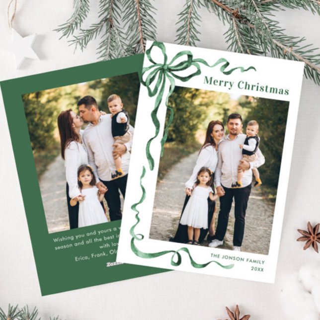 Funky Sage Green Christmas Bow Ribbon 2 Photo Holiday Card (Creator Uploaded)