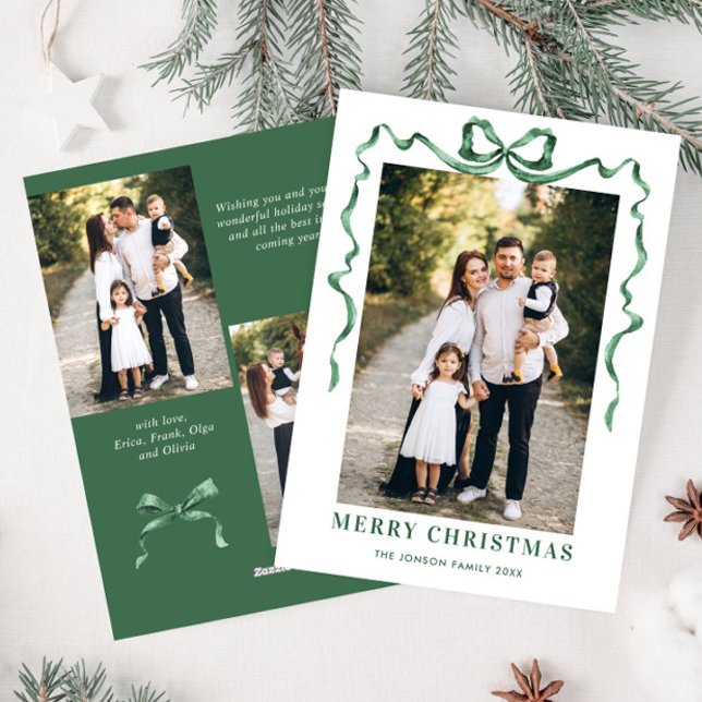 Funky Sage Green Christmas Bow Ribbon 3 Photo Holiday Card (Creator Uploaded)