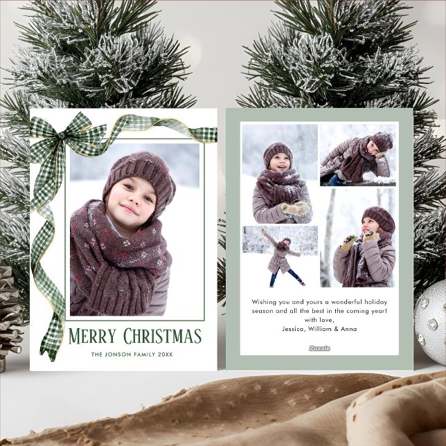 Funky Sage Green Christmas Bow Ribbon 5 Phot Holiday Card (Creator Uploaded)