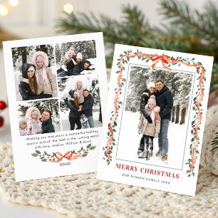 Funky Sage Green Christmas Bow Ribbon 5 Photo Holiday Card