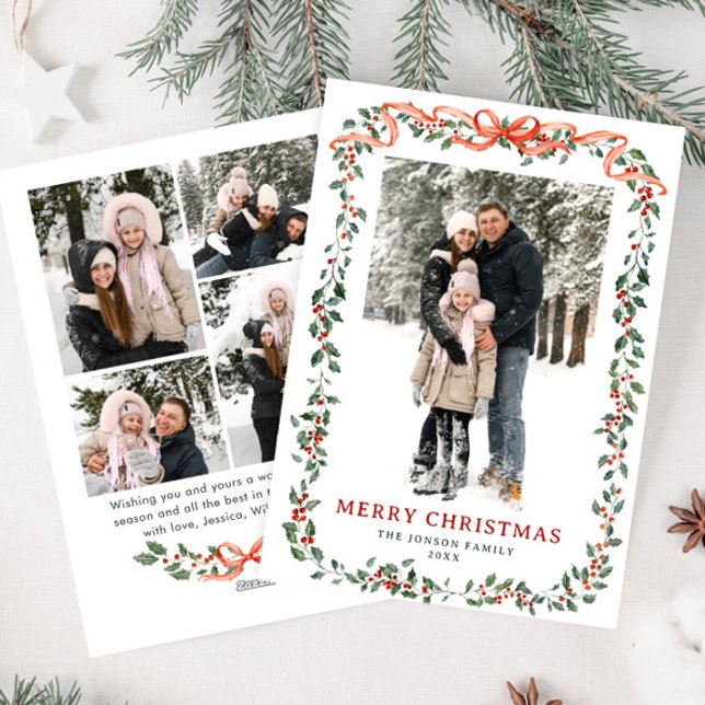 Funky Sage Green Christmas Bow Ribbon 5 Photo Holiday Card (Creator Uploaded)