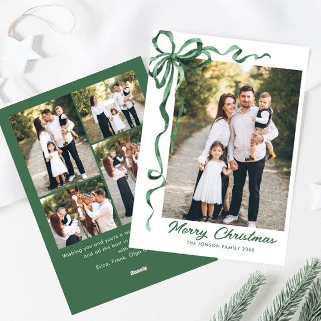 Funky Sage Green Christmas Bow Ribbon 5 Photo Holiday Card (Creator Uploaded)