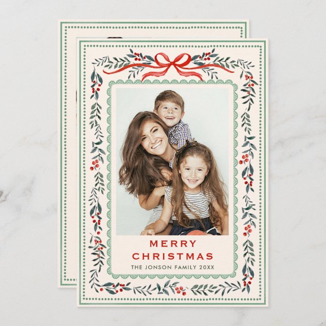 Funky Sage Green Christmas Bow Ribbon 5 Photo Holiday Card (Front/Back)