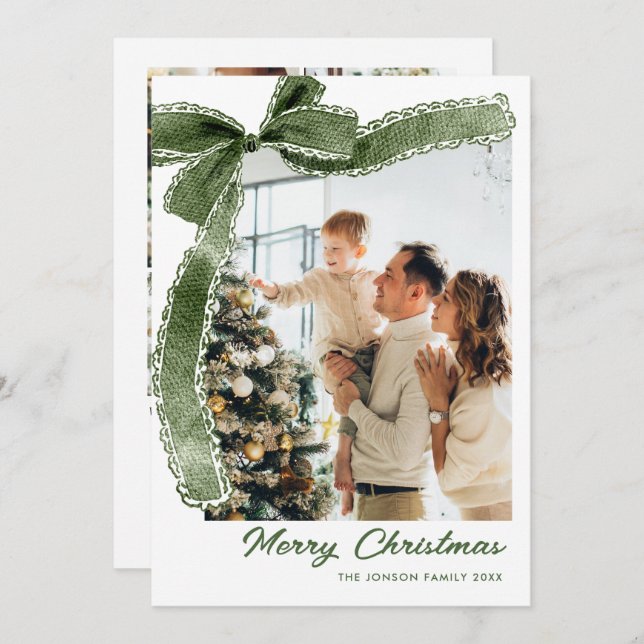 Funky Sage Green Christmas Bow Ribbon 5 Photo Holiday Card (Front/Back)
