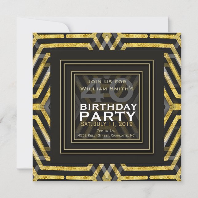 Funky Scifi Black Gold Geometry 40th Birthday Invitation (Front)