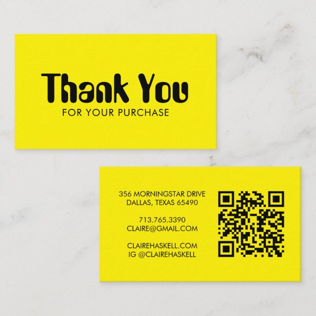 Funky Script Bold Order Thank You Minimal QR Code Business Card (Front/Back)