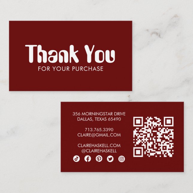 Funky Script Chic Wine Order Thank You Minimal QR Business Card (Front/Back)