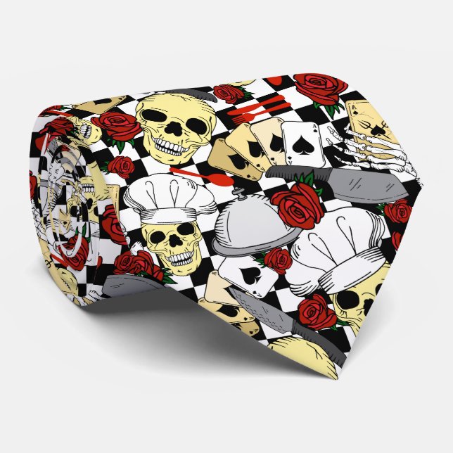 Funky Skulls Red Roses Chequered Chef Pattern Tie (Rolled)