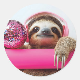 Funky Sloth with Pink Headphones and Disco Ball Classic Round Sticker