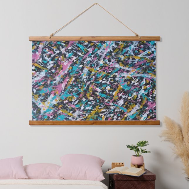 Funky Splatter Art on Black  Hanging Tapestry (Bedroom)