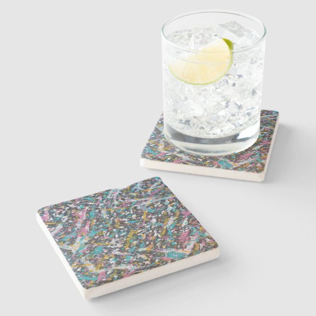 Funky Splatter Art on Black  Stone Coaster (Side)