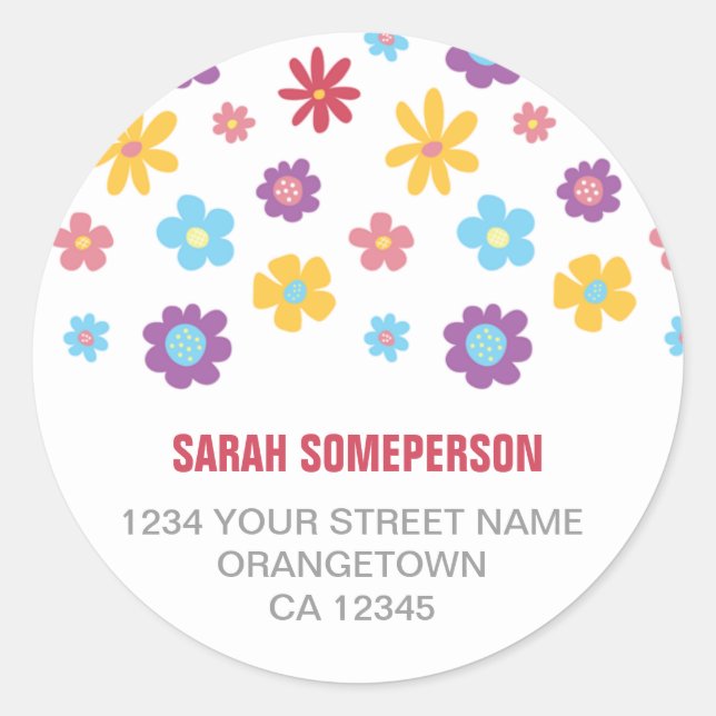 Funky Spring Flower Pattern Return Address Classic Round Sticker (Front)