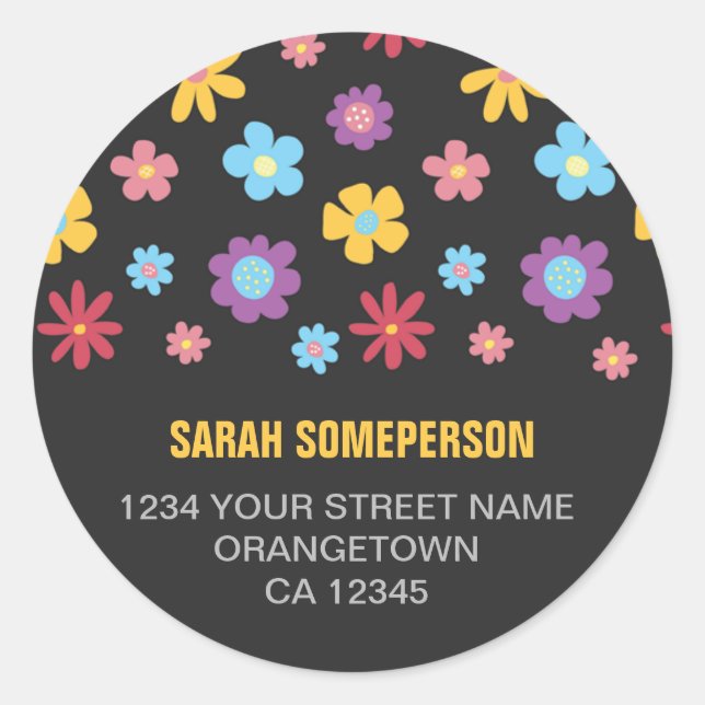 Funky Spring Flower Pattern Return Address Classic Round Sticker (Front)