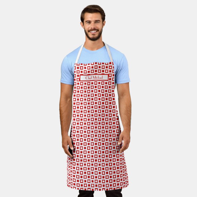 Funky Squares Pattern DIY Colours Red White SV Apron (Worn)