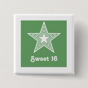 Funky Star Sweet 16 Button, Kelly Green 15 Cm Square Badge