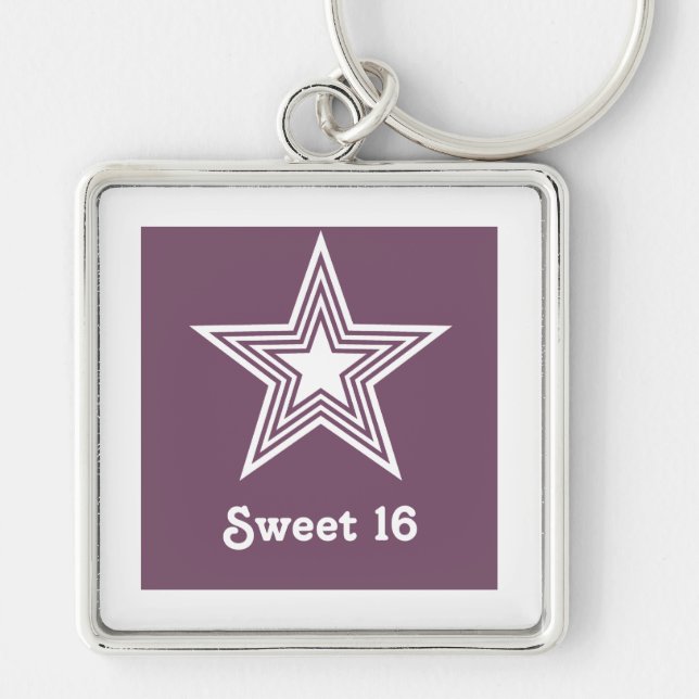 Funky Star Sweet 16 Keychain, Purple Key Ring (Front)
