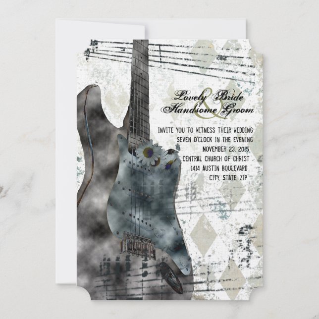 Funky Steampunk Guitar Music Wedding Invitation (Front)