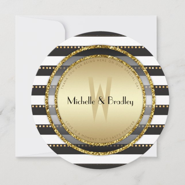 Funky Stripes Black White & Gold Round Wedding Invitation (Front)