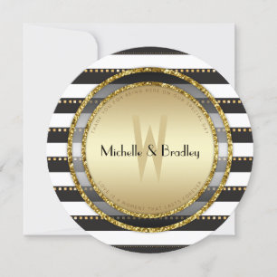 Funky Stripes Black White & Gold Round Wedding Invitation