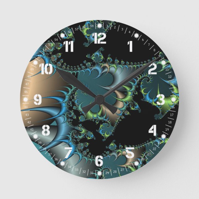 Funky Swirling Spirals Teal Black Fractal Art Round Clock (Front)