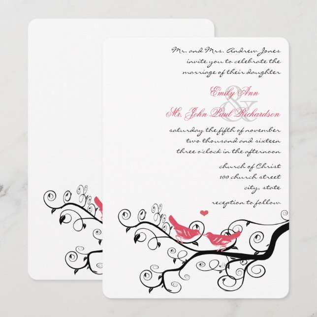 Funky Swirly Pink Love Bird Tree Wedding Invites (Front/Back)