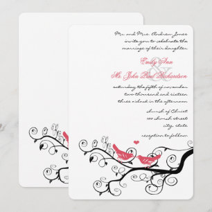 Funky Swirly Pink Love Bird Tree Wedding Invites