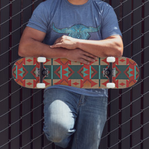 Funky Teal Blue Red Orange Brown Tribal Art Skateboard