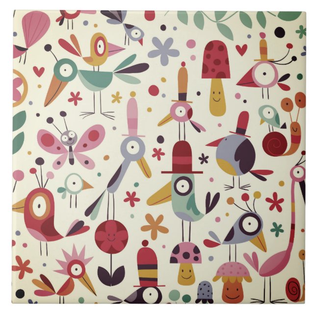 Funky Trendy Retro Birds Tile (Front)