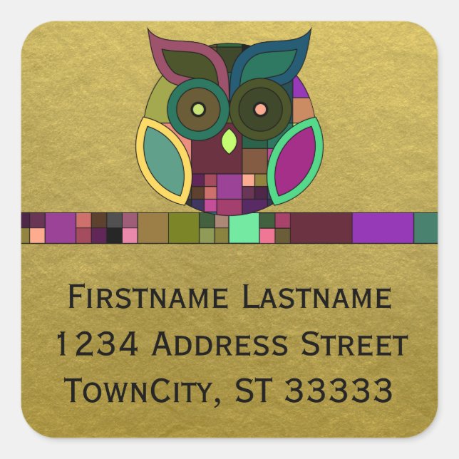 Funky Tribal Aztec Owl on Faux Gold Foil Square Sticker (Front)