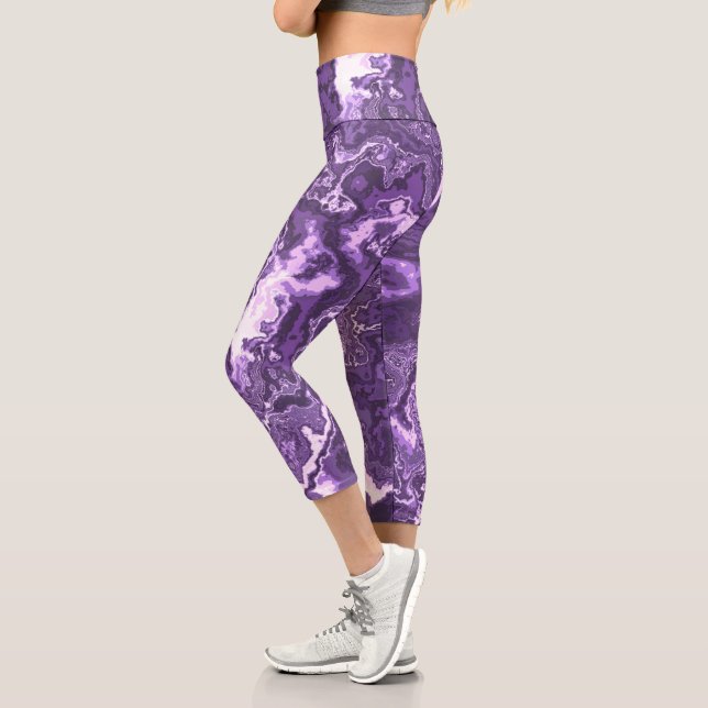 Funky Trippy Boho Hippie Monochrome Purple Marble  Capri Leggings (Left)