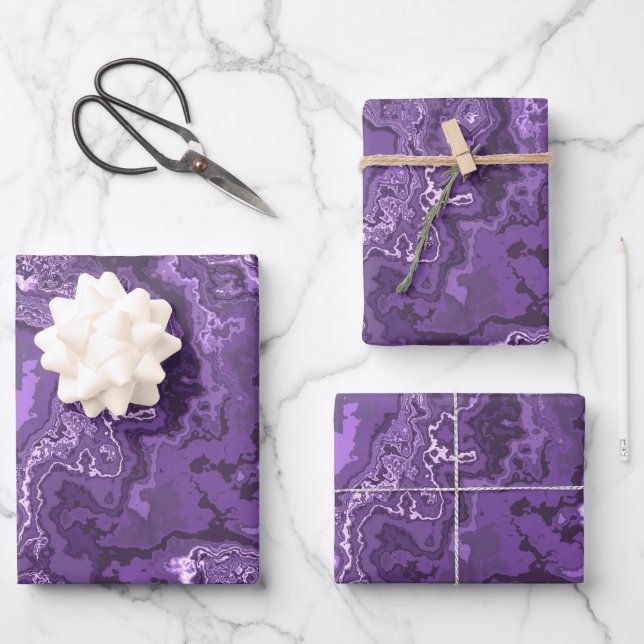 Funky Trippy Boho Hippie Monochrome Purple Marble  Wrapping Paper Sheet (Front)