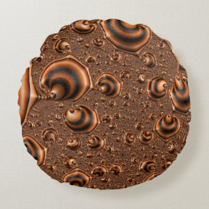 Funky Trippy Spiralling Orange Black Fractal Art Round Cushion