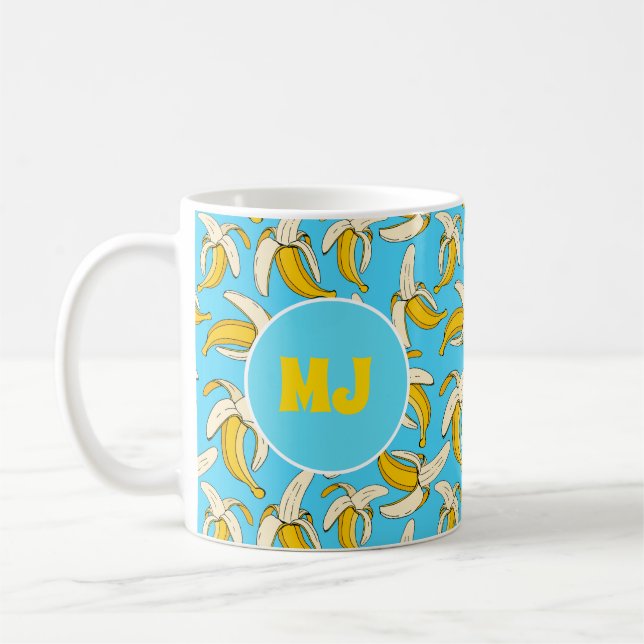 Funky Tropical Banana Pattern Monogram Fruit Print Coffee Mug (Left)