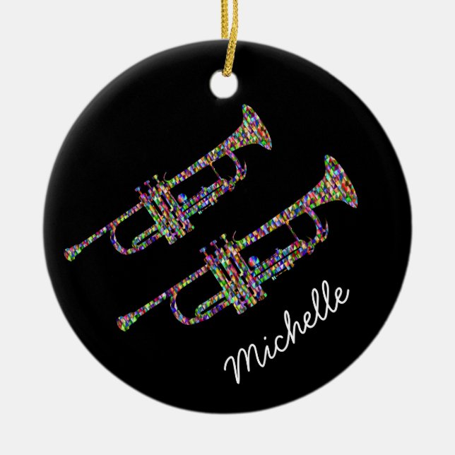 Funky trumpet personal name black and pink ceramic tree decoration (Front)