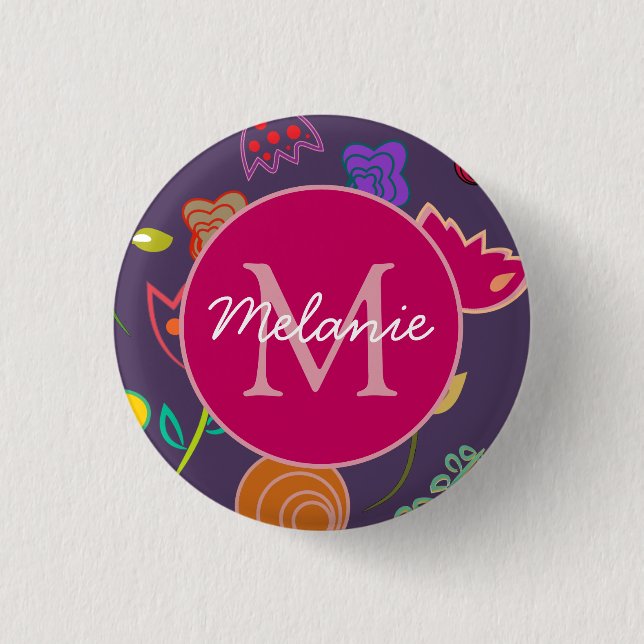 Funky Tulip Pattern Purple Monogram Personalised 3 Cm Round Badge (Front)