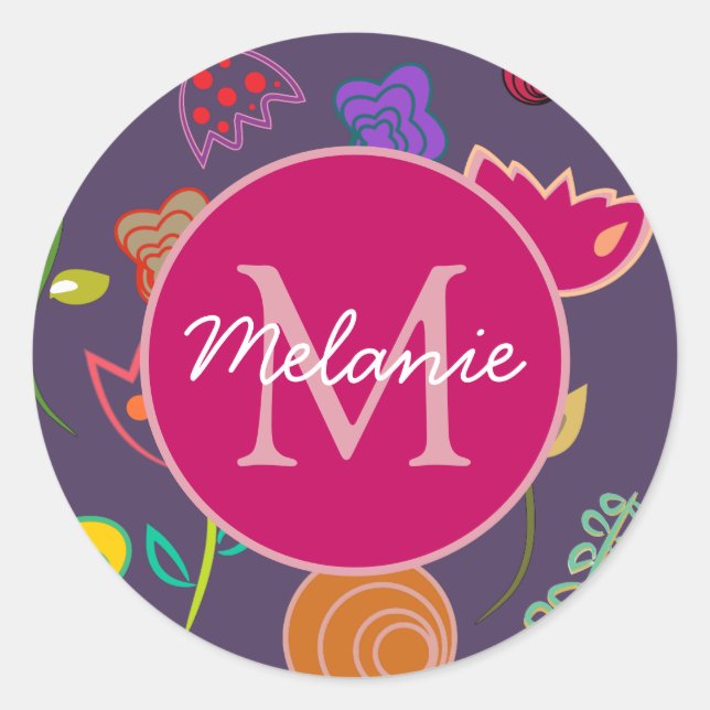 Funky Tulip Pattern Purple Monogram Personalised Classic Round Sticker (Front)