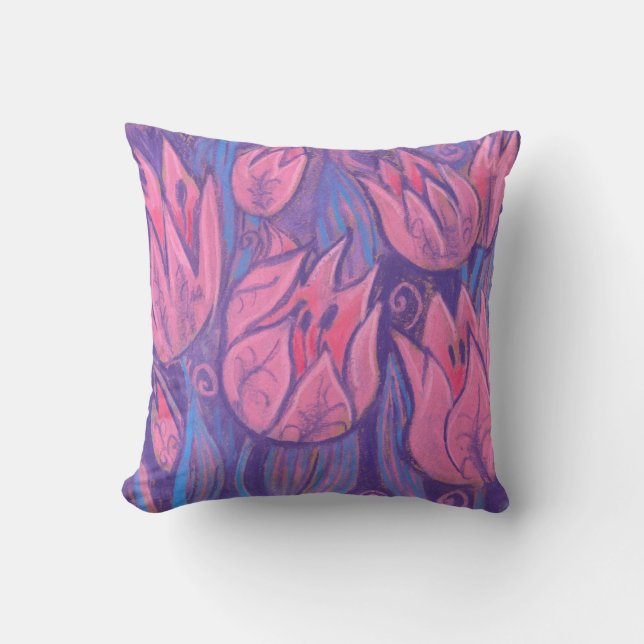Funky Tulips Spring Flowers Floral Pastel Painting Cushion (Front)