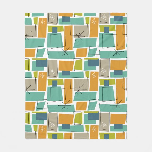 Funky Turquoise Orange Green Squares Mid Century Fleece Blanket (Front)