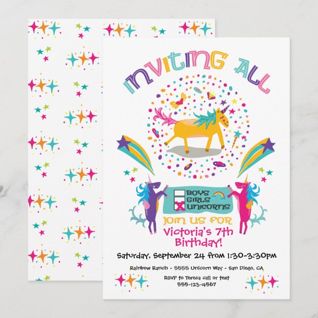 Funky Unicorn Birthday Party invitations (Front/Back)
